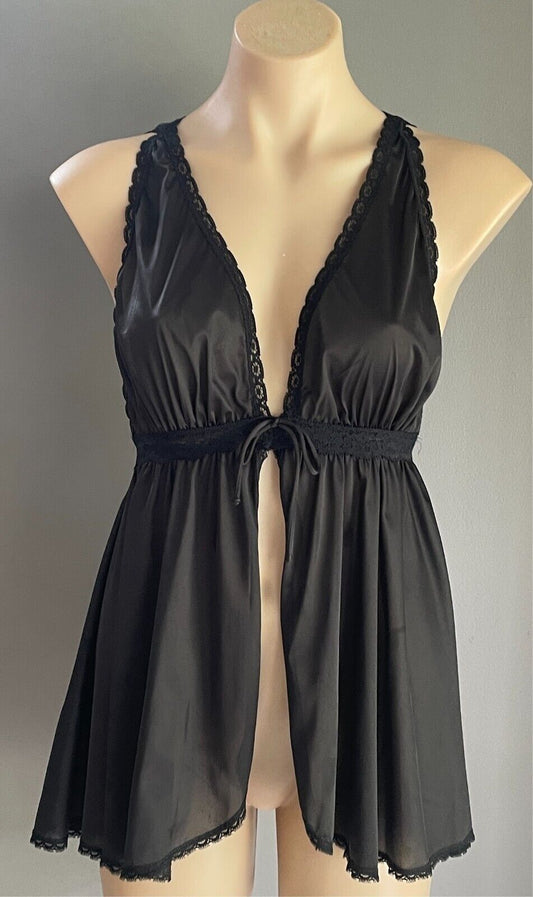 NOVITA Chemise BabyDoll Black With Lace Trim Sleeveless Size 14 Nylon Sexy