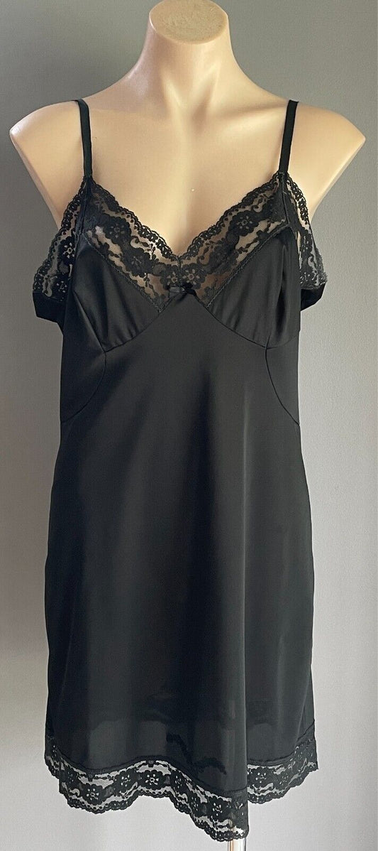 OSTI Satin Star Vintage Petticoat Black Bri-Nylon Lace Trim Full Slip Size 16