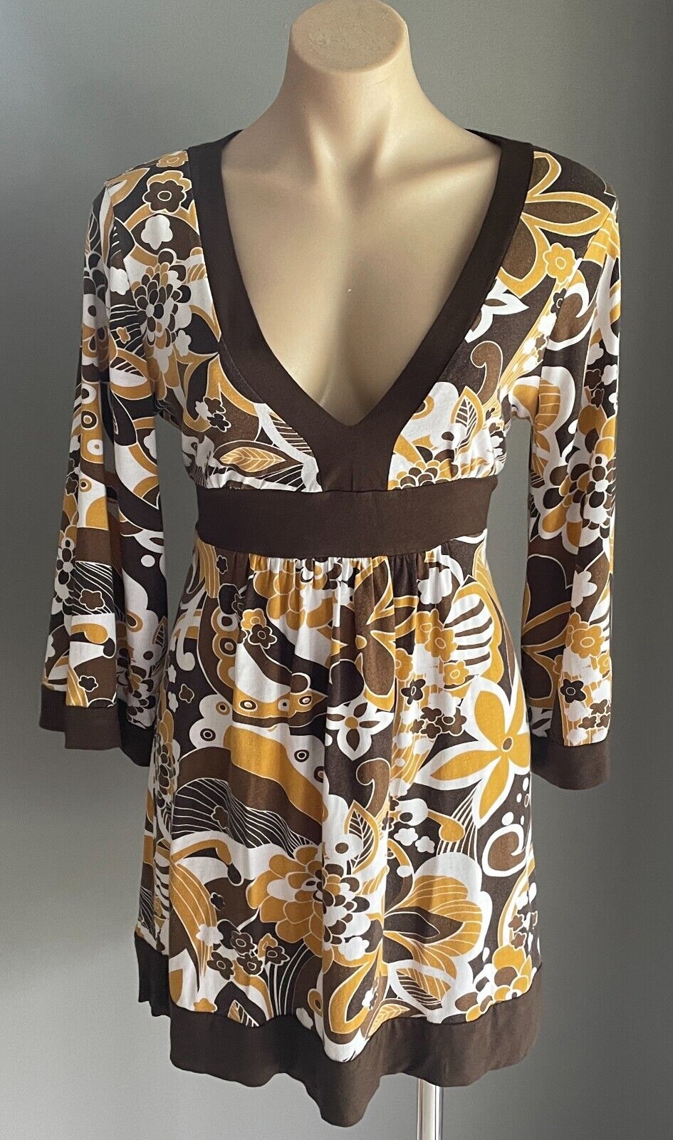 AVOCADO Dress Brown Caramel White Floral 3/4 Sleeve Tie Back Waist Short Size 14