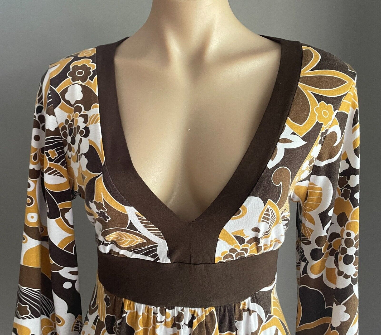 AVOCADO Dress Brown Caramel White Floral 3/4 Sleeve Tie Back Waist Short Size 14