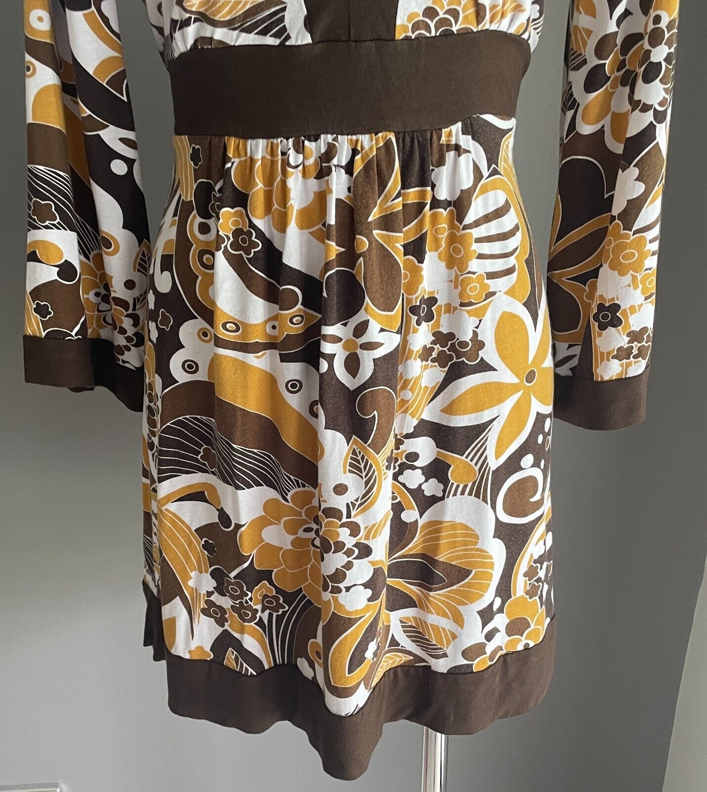 AVOCADO Dress Brown Caramel White Floral 3/4 Sleeve Tie Back Waist Short Size 14