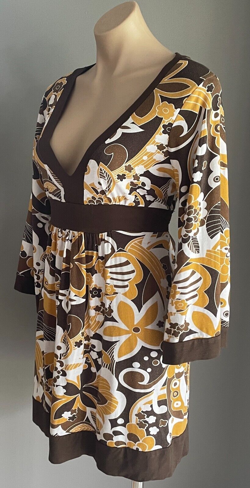 AVOCADO Dress Brown Caramel White Floral 3/4 Sleeve Tie Back Waist Short Size 14