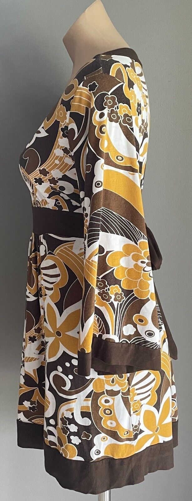 AVOCADO Dress Brown Caramel White Floral 3/4 Sleeve Tie Back Waist Short Size 14