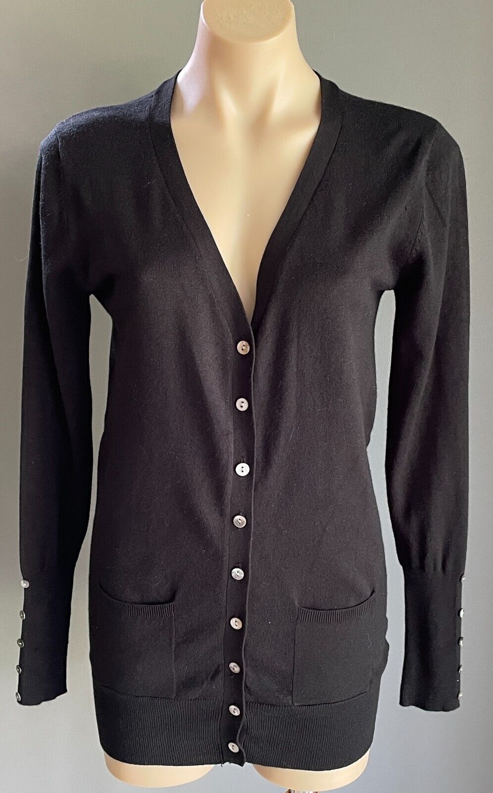 AVOCADO Knit Cardigan Black Button Front Thin Size 12 Long Sleeves Button Trim