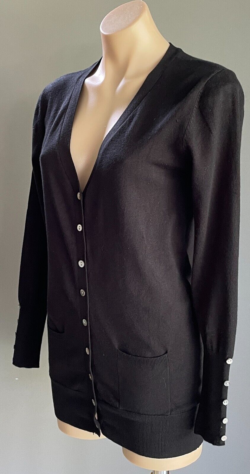 AVOCADO Knit Cardigan Black Button Front Thin Size 12 Long Sleeves Button Trim