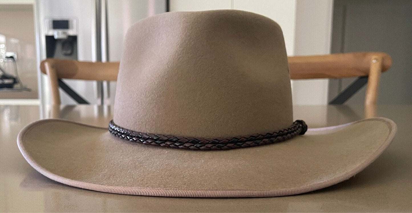 THE AUSSIE HAT CO. Akubra Bushmans Hat Camel Pure Fur Felt Leather Sze S 54/55cm