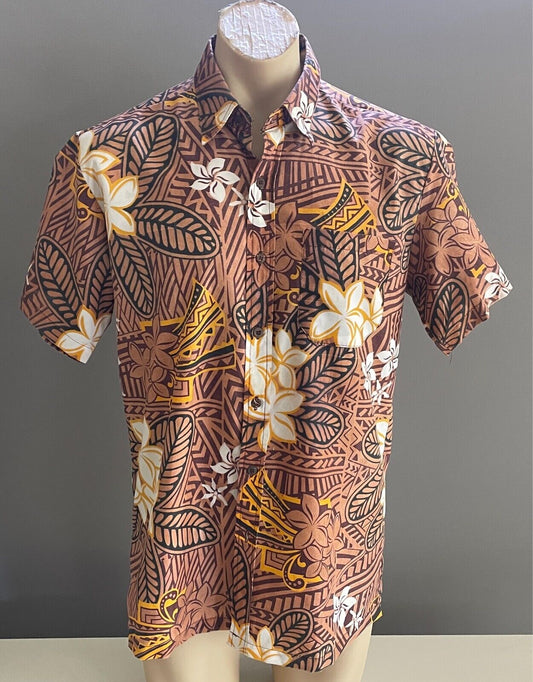 Vintage ACME Silk Screen Printed Brown Tropical Floral Short Sleeve Shirt Size M