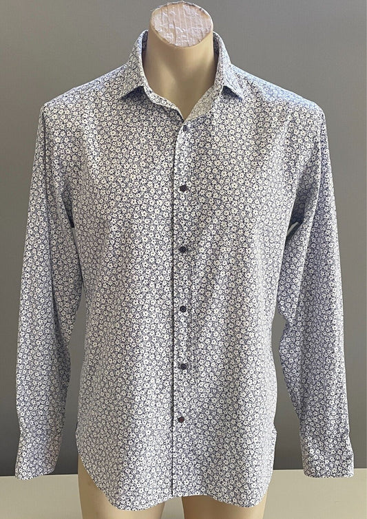 MJB M J BALE White Blue Floral Print Shirt Mens Size M Long Sleeve Cotton