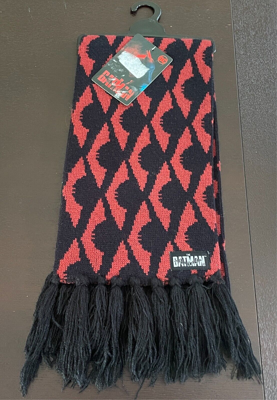 BATMAN Brown & Black Print Acrylic Knit Scarf One Size Fringe Trim NWT!