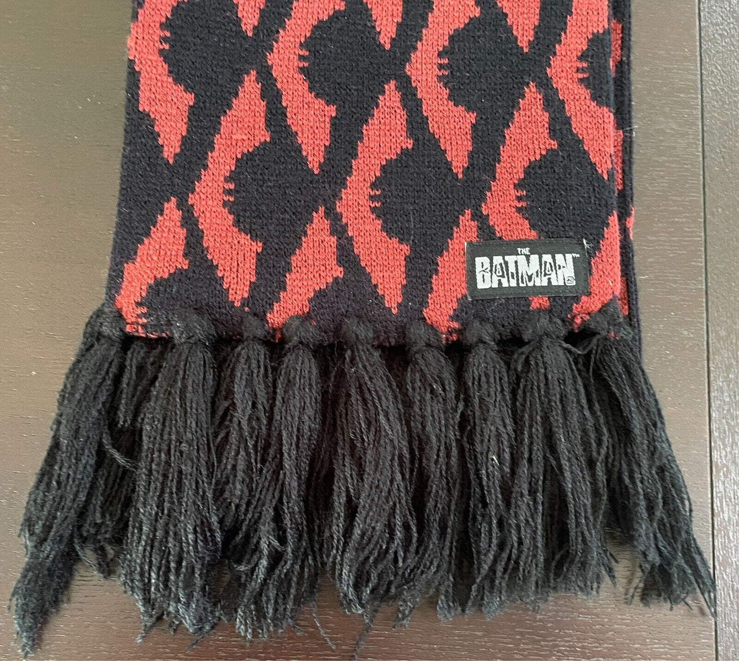 BATMAN Brown & Black Print Acrylic Knit Scarf One Size Fringe Trim NWT!