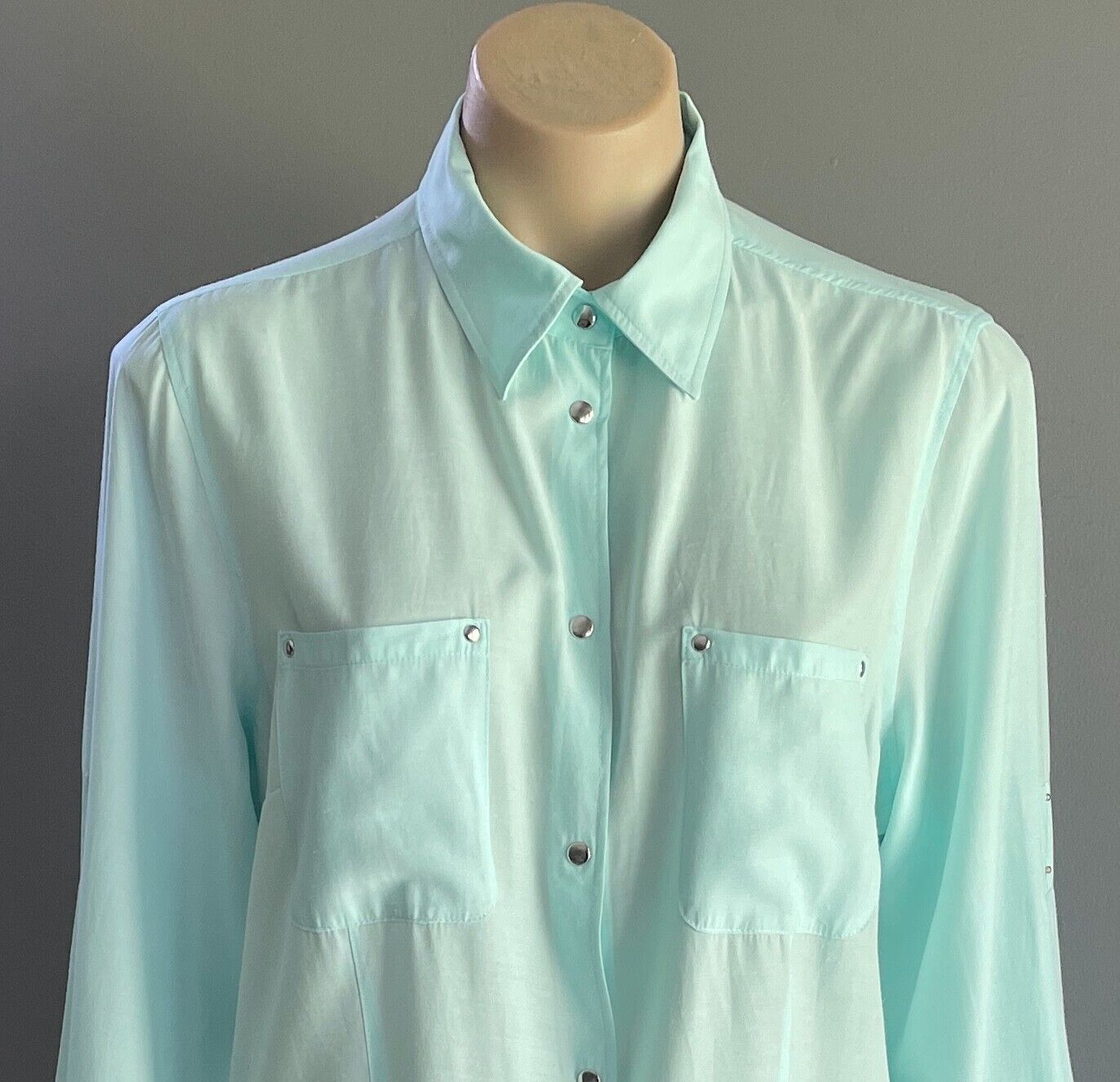CAPTURE EUROPEAN Shirt Blouse Mint Green Size 12 Long Adjustable Sleeves