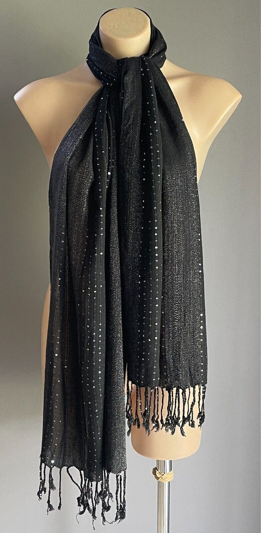 Neck Scarf Wrap Black & Silver Sequin Lurex Thread Fringe Trim Rectangle