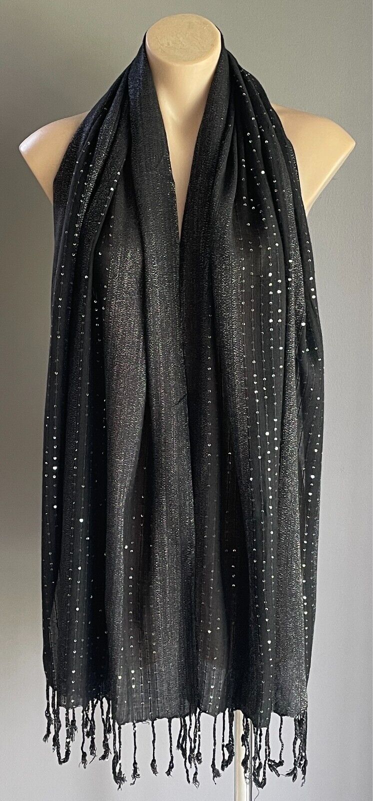 Neck Scarf Wrap Black & Silver Sequin Lurex Thread Fringe Trim Rectangle
