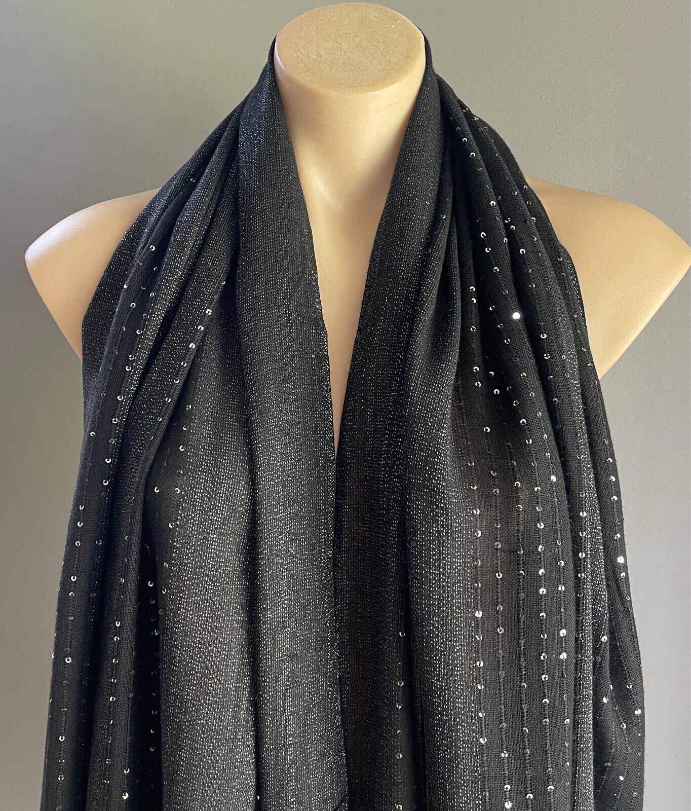 Neck Scarf Wrap Black & Silver Sequin Lurex Thread Fringe Trim Rectangle