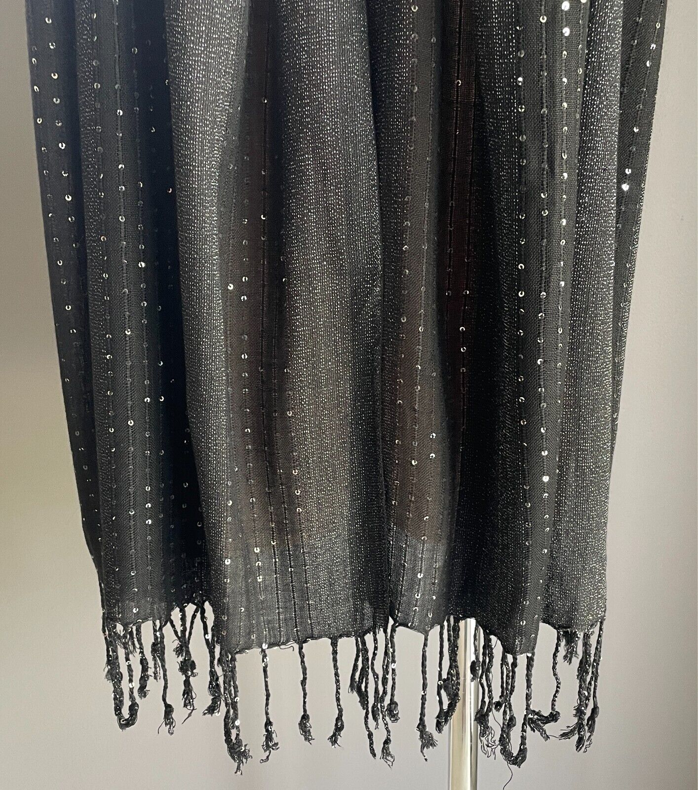 Neck Scarf Wrap Black & Silver Sequin Lurex Thread Fringe Trim Rectangle