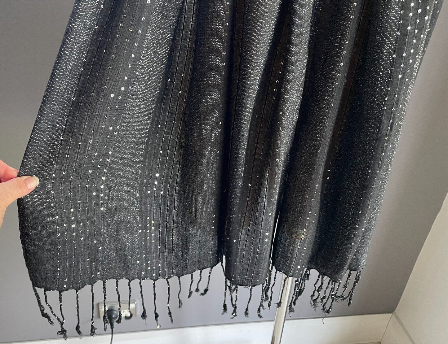 Neck Scarf Wrap Black & Silver Sequin Lurex Thread Fringe Trim Rectangle