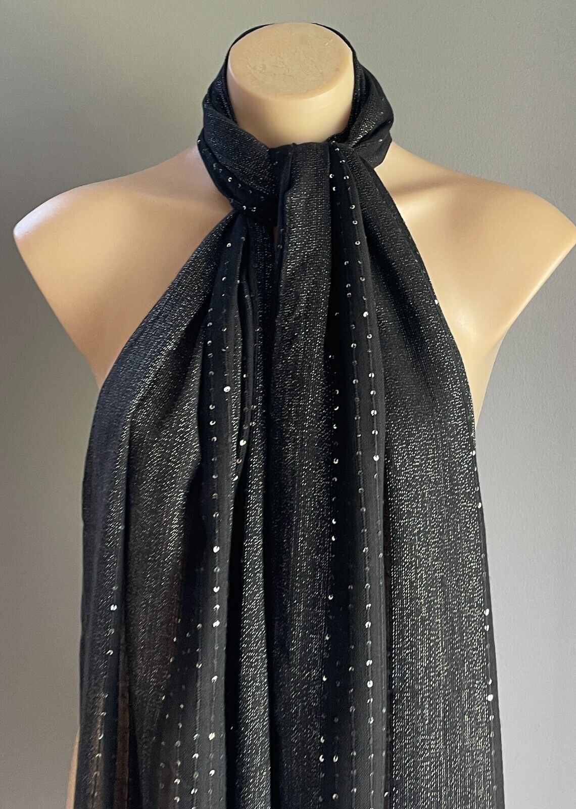 Neck Scarf Wrap Black & Silver Sequin Lurex Thread Fringe Trim Rectangle
