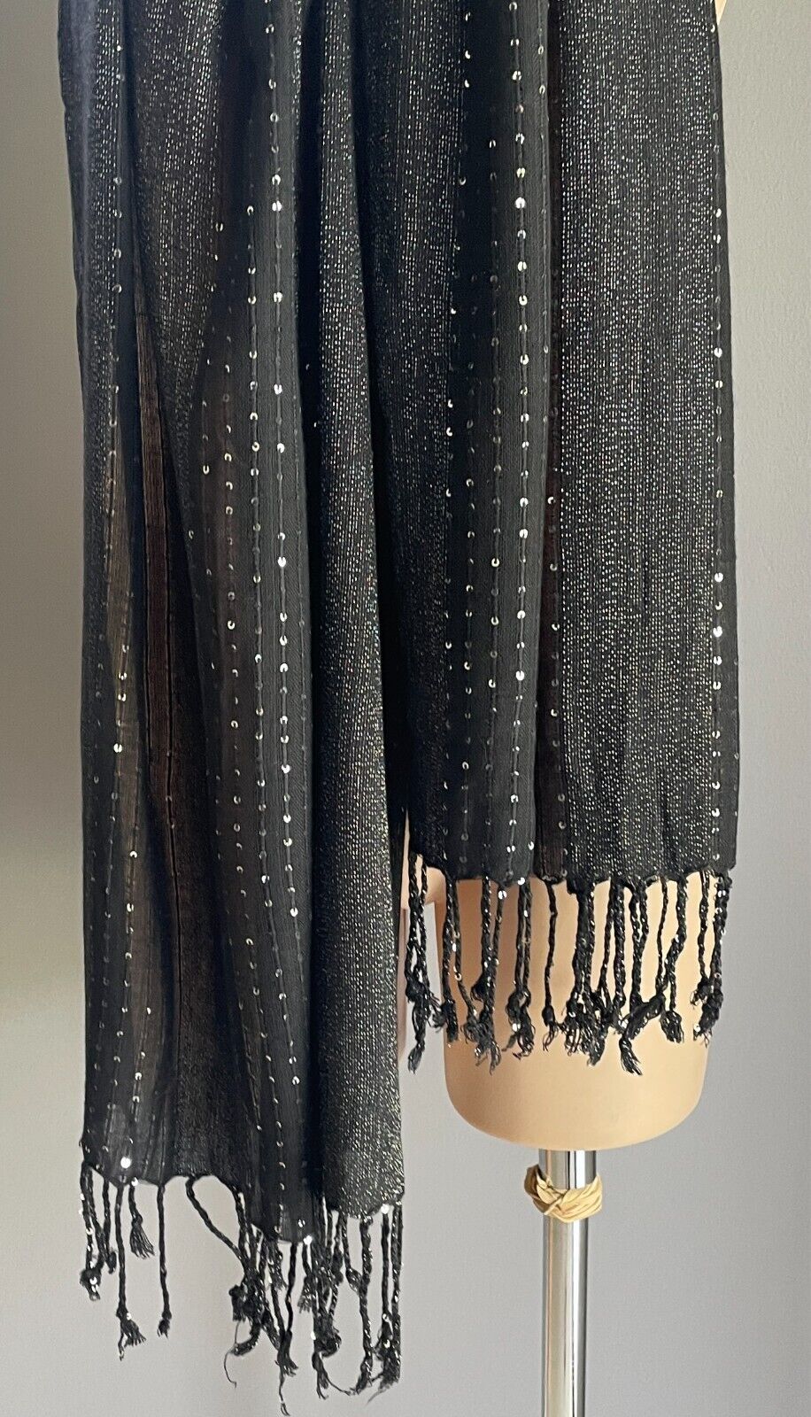 Neck Scarf Wrap Black & Silver Sequin Lurex Thread Fringe Trim Rectangle