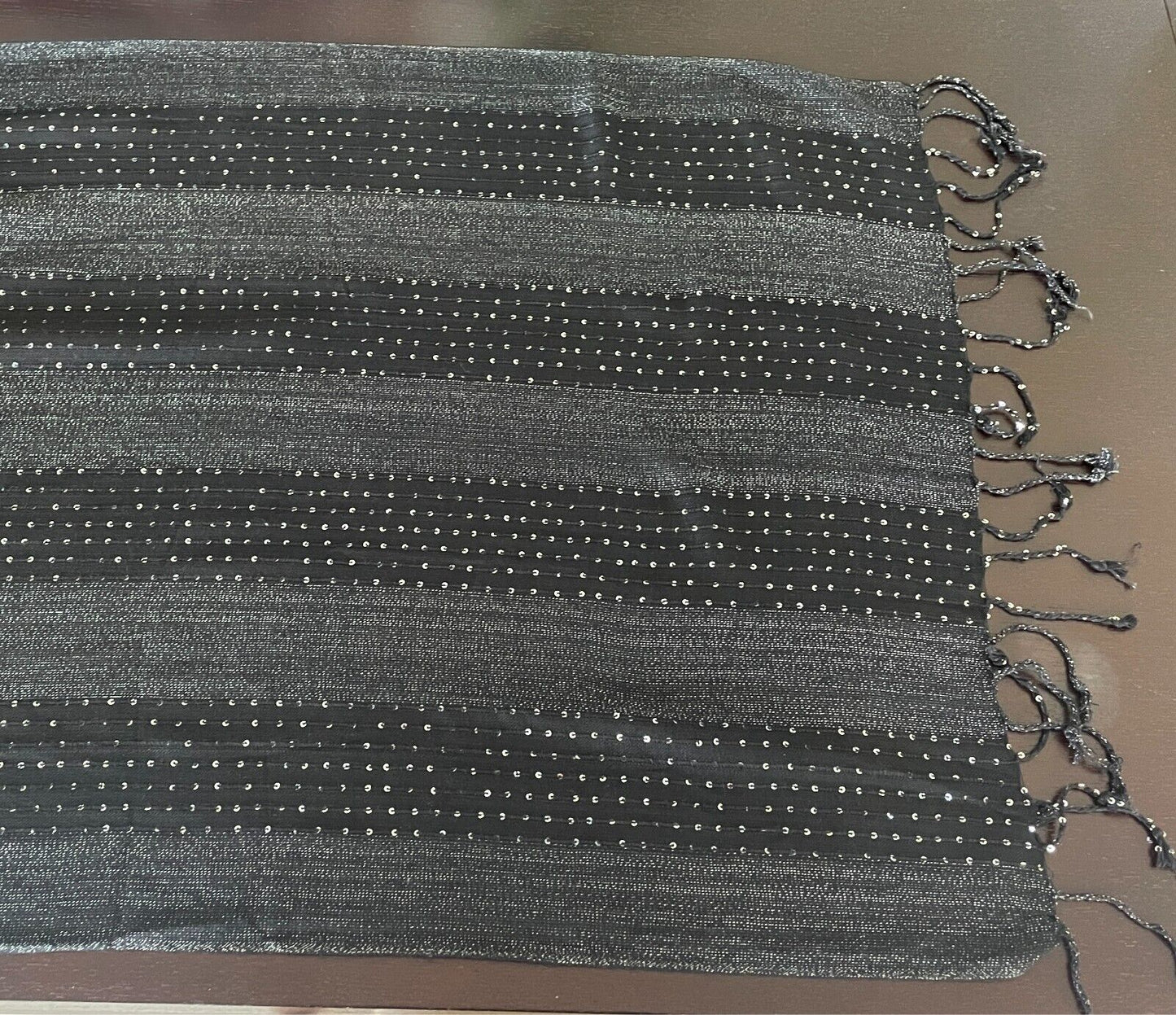 Neck Scarf Wrap Black & Silver Sequin Lurex Thread Fringe Trim Rectangle