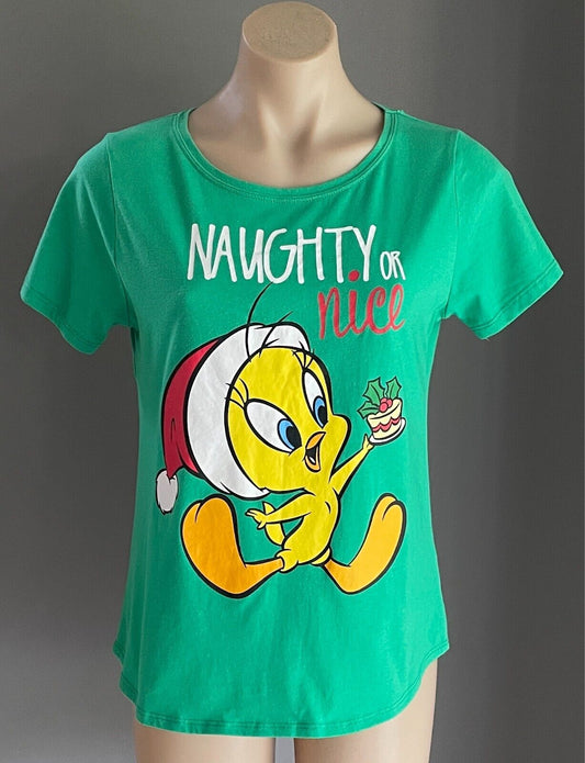 LOONEY TUNES Naughty or Nice T-shirt Tweety Bird Ladies Size 10 Xmas Novelty
