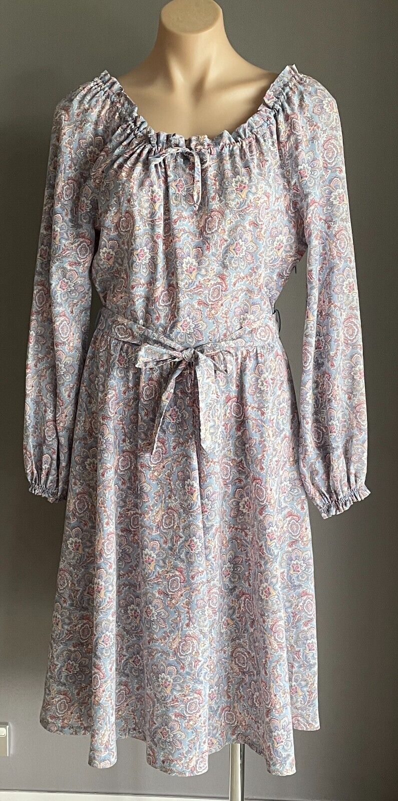 ST MICHAEL Dress Tie Neck Waist Blue Pink Paisley Off Shoulder Size 14 Vintage