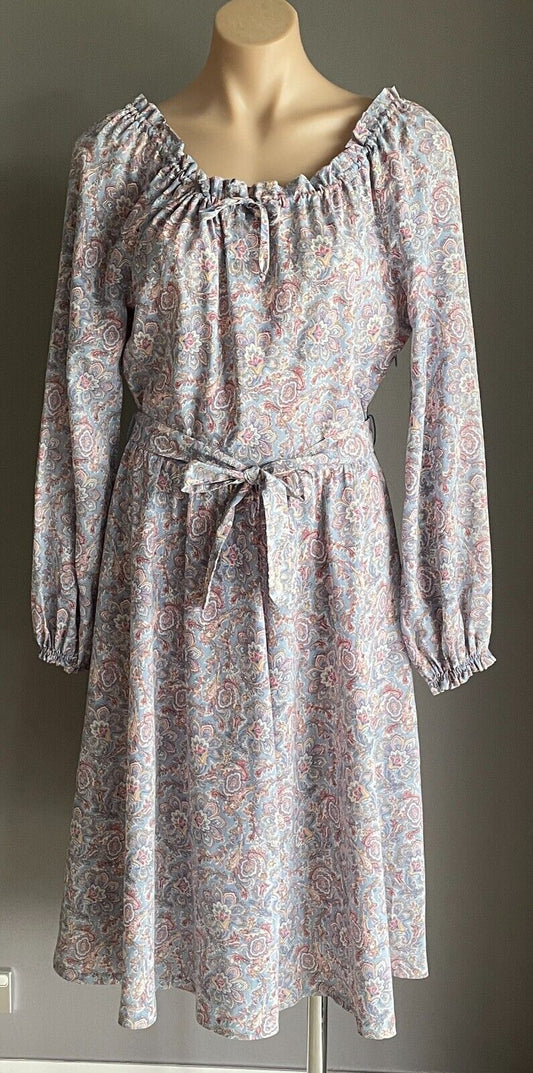 ST MICHAEL Dress Tie Neck Waist Blue Pink Paisley Off Shoulder Size 14 Vintage