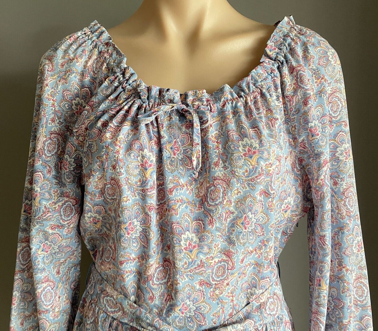 ST MICHAEL Dress Tie Neck Waist Blue Pink Paisley Off Shoulder Size 14 Vintage