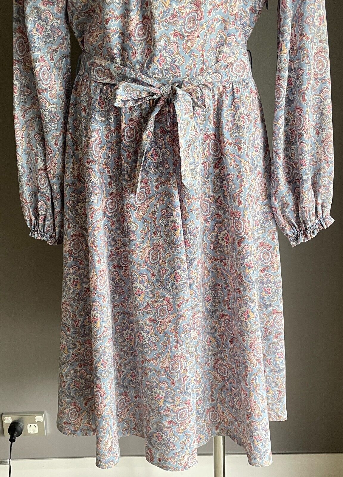 ST MICHAEL Dress Tie Neck Waist Blue Pink Paisley Off Shoulder Size 14 Vintage