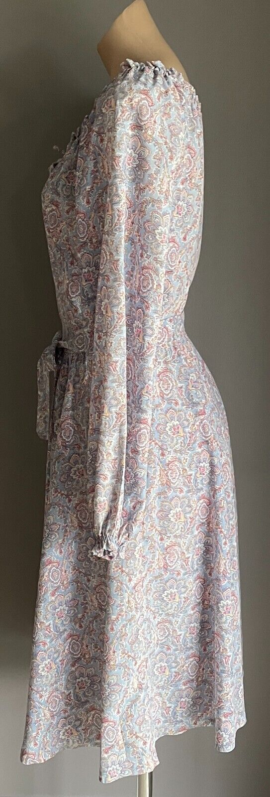 ST MICHAEL Dress Tie Neck Waist Blue Pink Paisley Off Shoulder Size 14 Vintage