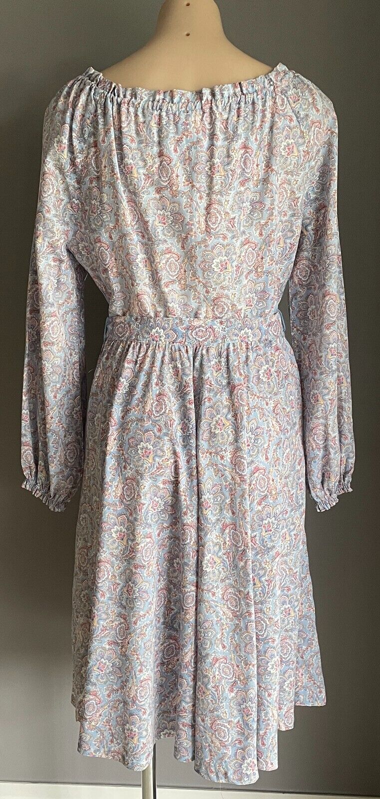 ST MICHAEL Dress Tie Neck Waist Blue Pink Paisley Off Shoulder Size 14 Vintage