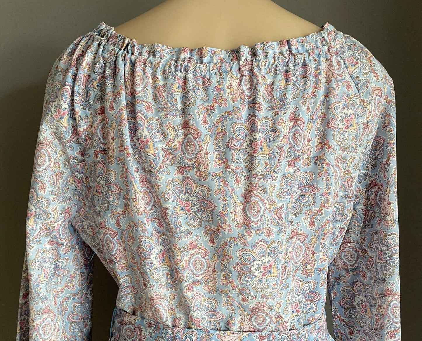 ST MICHAEL Dress Tie Neck Waist Blue Pink Paisley Off Shoulder Size 14 Vintage