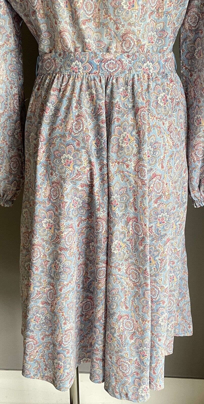 ST MICHAEL Dress Tie Neck Waist Blue Pink Paisley Off Shoulder Size 14 Vintage