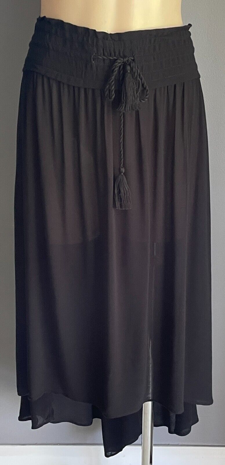 COUNTRY ROAD Skirt Black Hi-Lo Midi Drawstring Tassel Trim Size 12 Unlined NEW