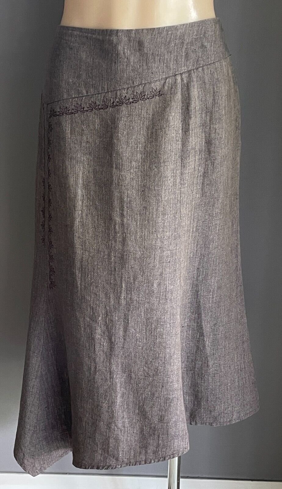COUNTRY ROAD Skirt Brown A-Line Linen Asymmetric Hem Size 14 Floral Embroidery
