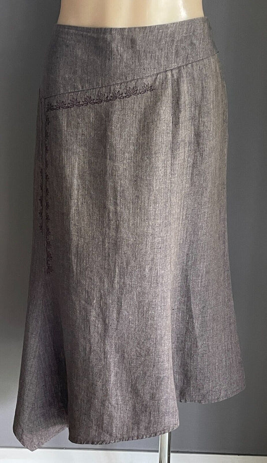 COUNTRY ROAD Skirt Brown A-Line Linen Asymmetric Hem Size 14 Floral Embroidery