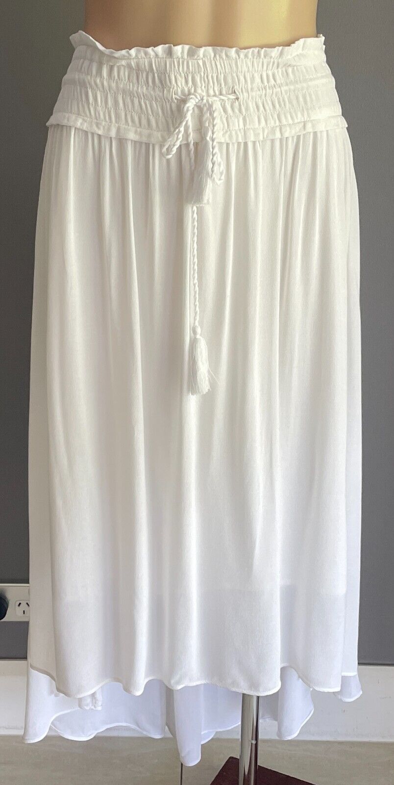 COUNTRY ROAD Skirt White Hi-Lo Midi Drawstring Tassel Trim Size 12 Lined NEW