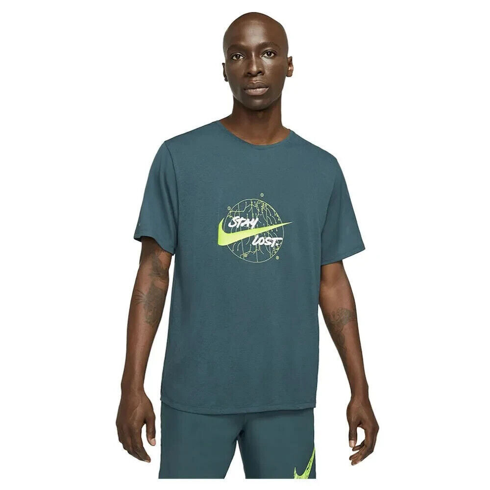 NIKE RUNNING Dri-Fit STAY LOST Green Wild Run Miler Graphic  Top Mens Sz L