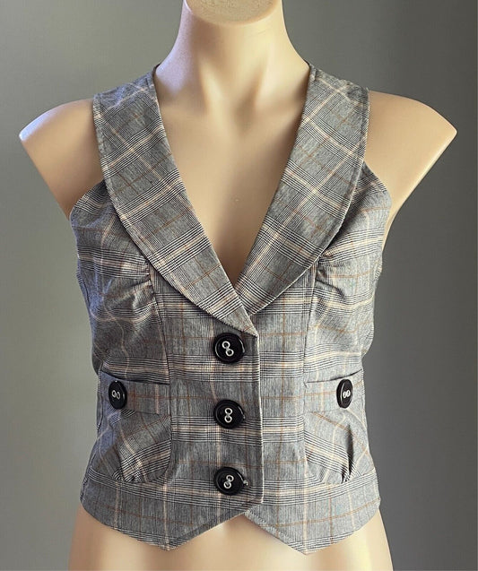 LOVELY GIRL Vest Grey Mustard Beige Black Check Sleeveless Waistcoat Size M