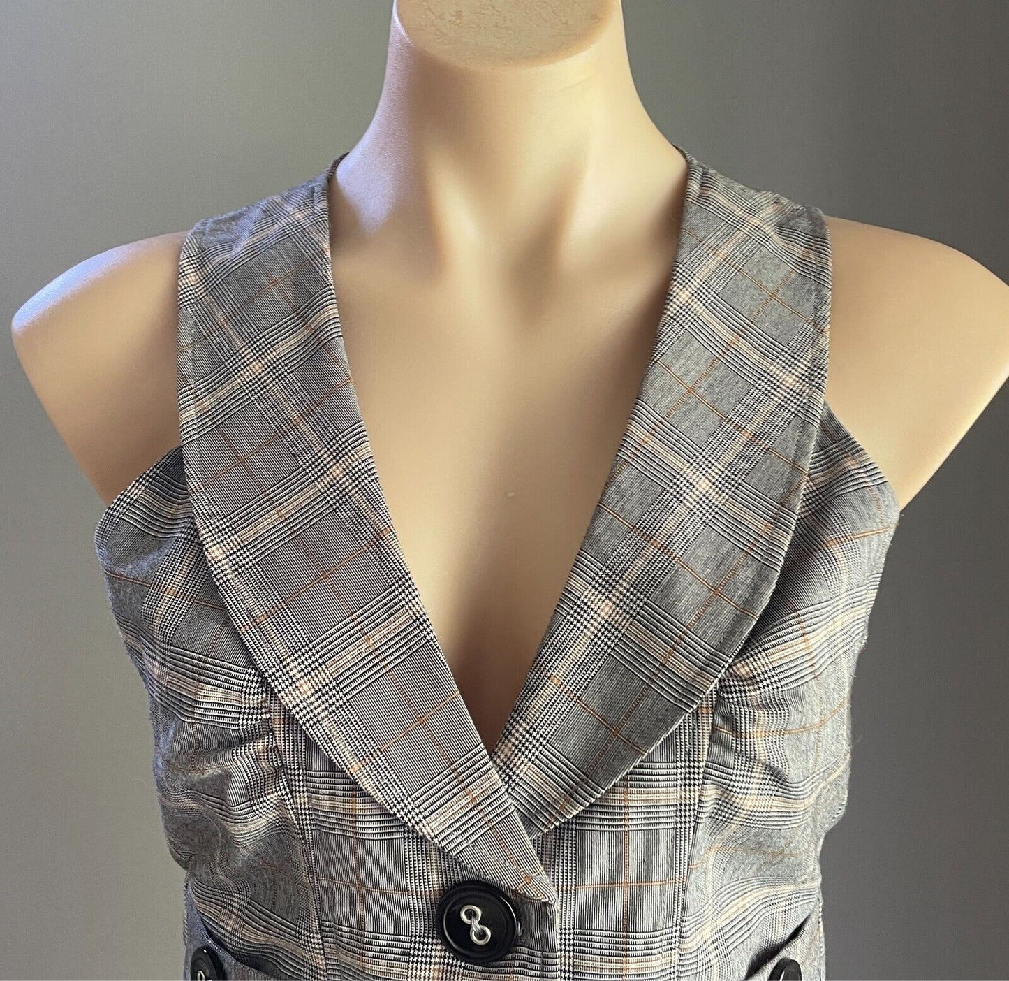 LOVELY GIRL Vest Grey Mustard Beige Black Check Sleeveless Waistcoat Size M