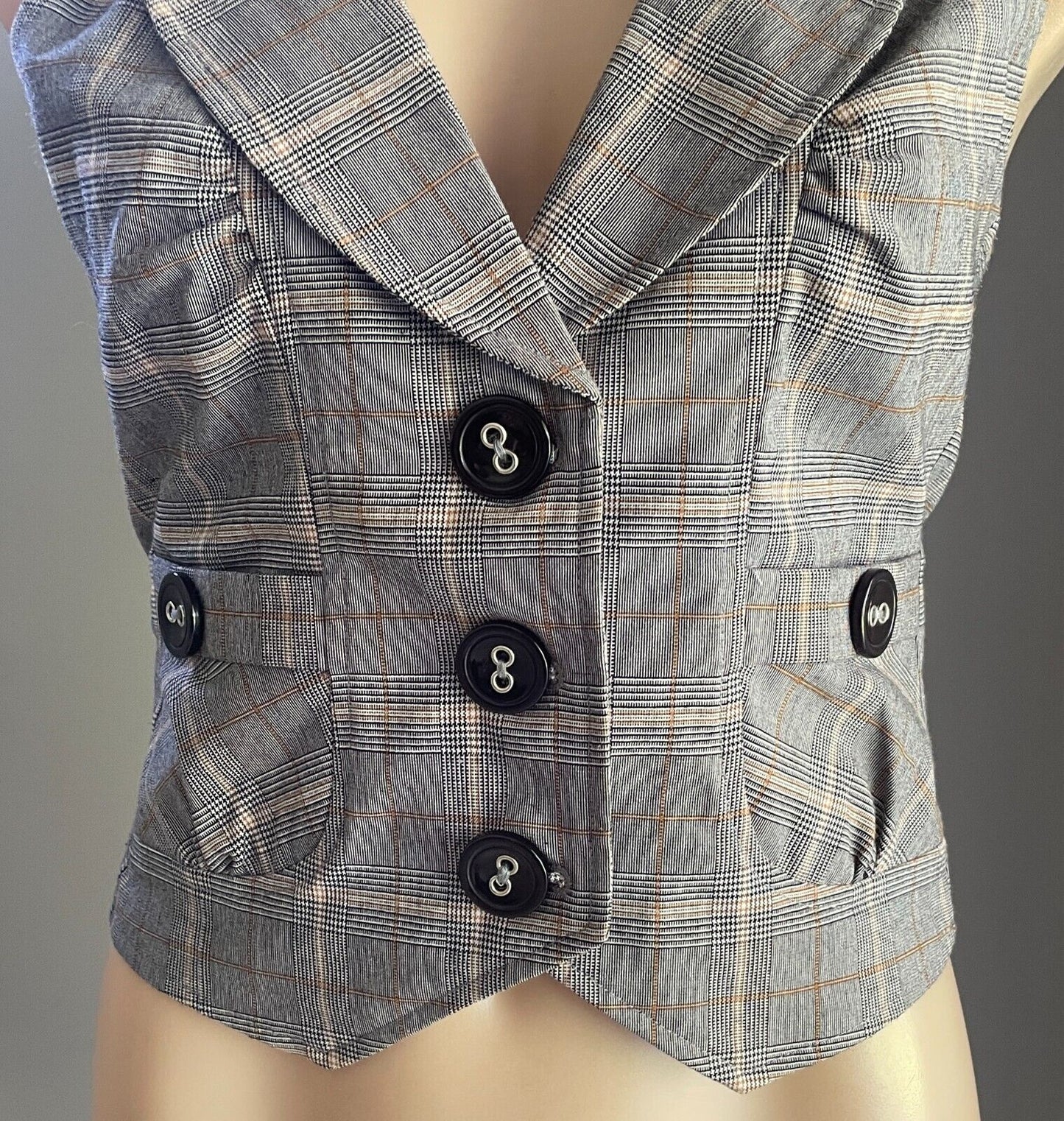 LOVELY GIRL Vest Grey Mustard Beige Black Check Sleeveless Waistcoat Size M