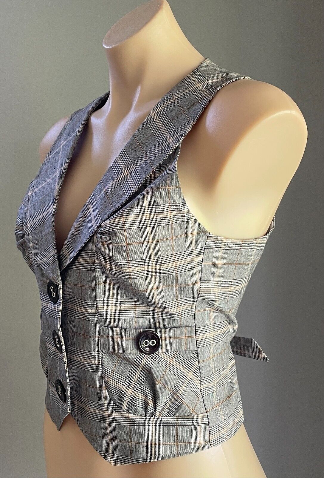 LOVELY GIRL Vest Grey Mustard Beige Black Check Sleeveless Waistcoat Size M