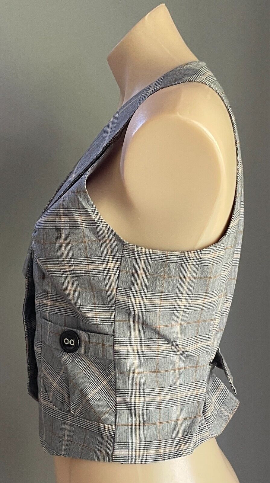 LOVELY GIRL Vest Grey Mustard Beige Black Check Sleeveless Waistcoat Size M