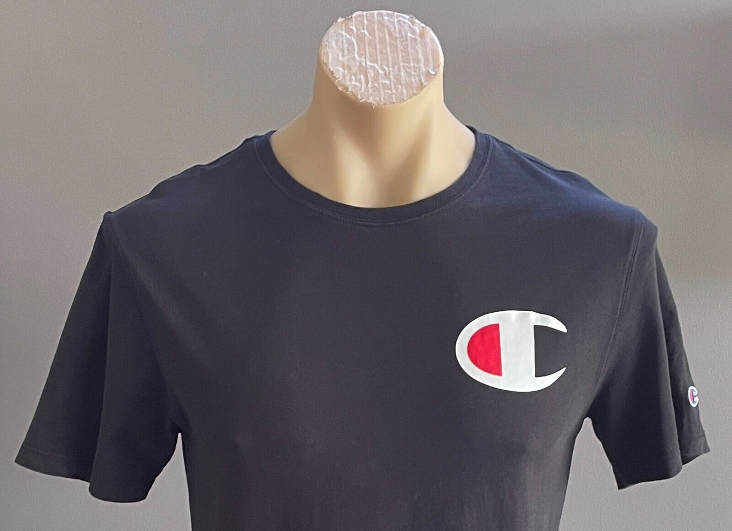 CHAMPION T-Shirt Black Short Sleeve Stretch Tee Mens Size S Logo Print Patch NEW