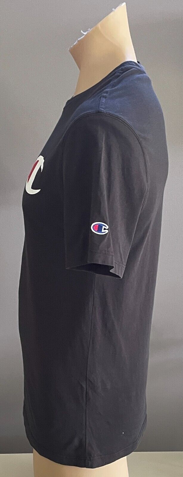 CHAMPION T-Shirt Black Short Sleeve Stretch Tee Mens Size S Logo Print Patch NEW