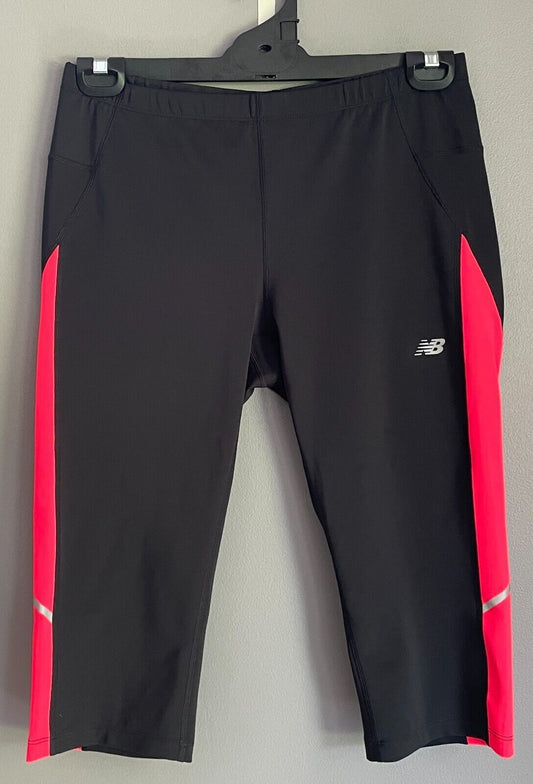 NEW BALANCE NB DRY Leggings Capri Black Neon Running Gym Active Pants L 12 14