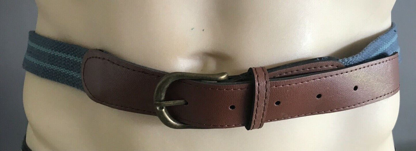 CANVAS Belt Blue & Green Stripe Thick Tan Pleather Trim Mens Size 44