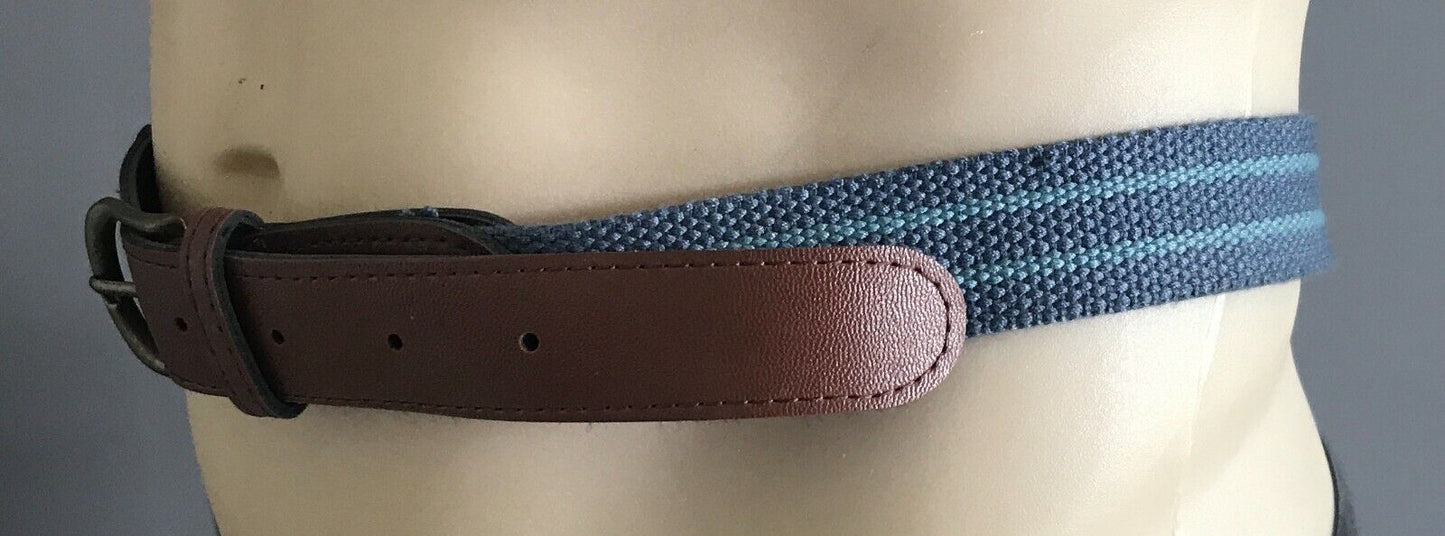 CANVAS Belt Blue & Green Stripe Thick Tan Pleather Trim Mens Size 44