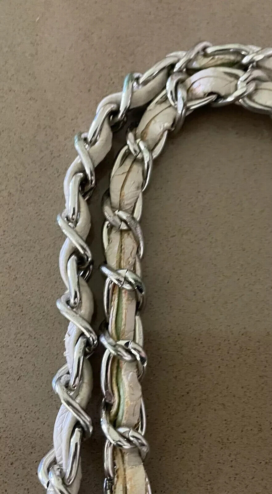 Replacement Shoulder Strap Silver METAL Chain & Beige Pleather Bag 110 cm length