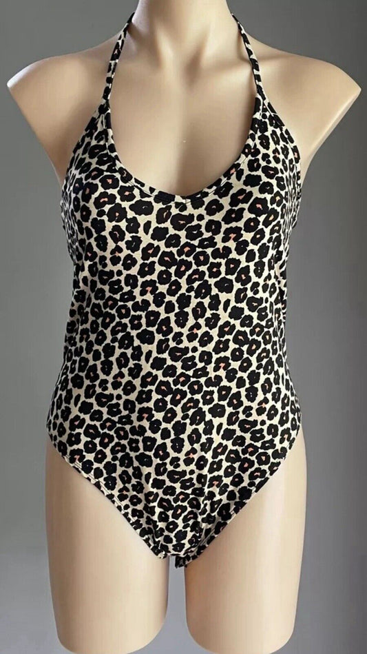 SUPRE Diana Bodysuit Leopard Print V Neck Halter Print Size XL 10 12 NEW