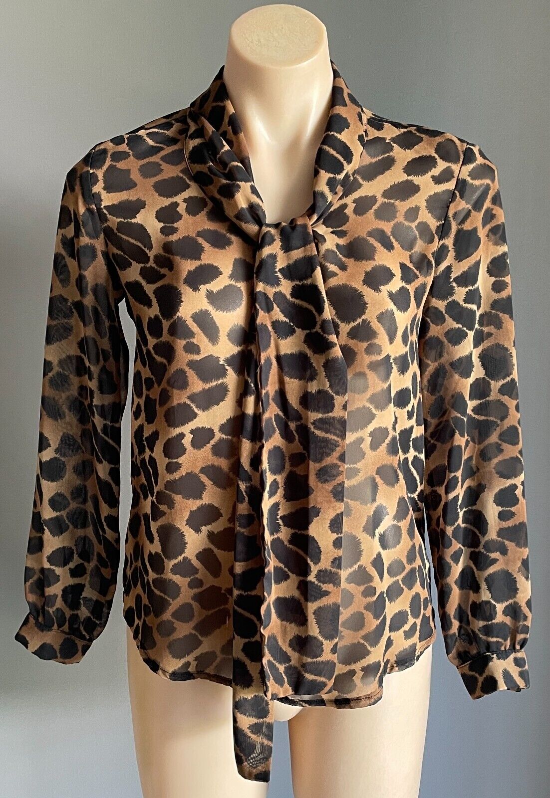 SUPRE Top Tie Neck Blouse Black & Brown Semi Sheer Long Sleeve Size XS 10 NEW